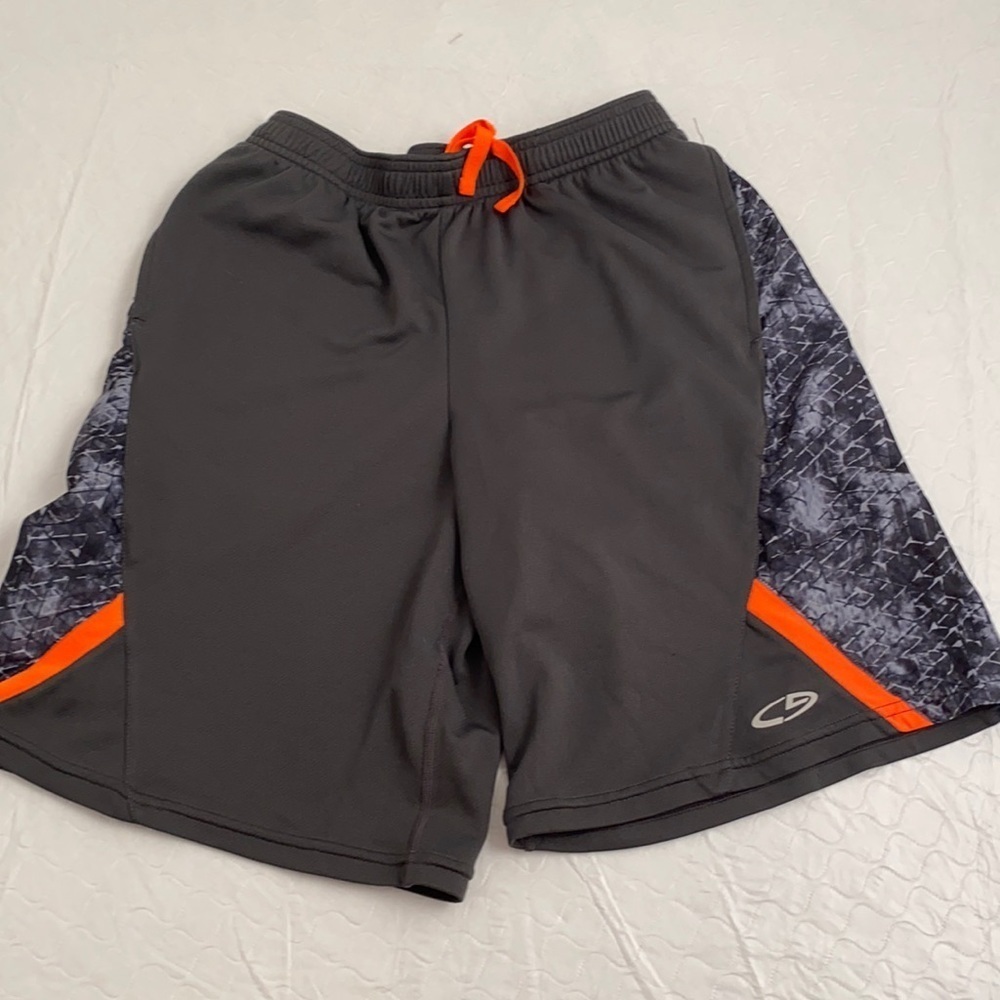 Champion gray athletic shorts with orange trim